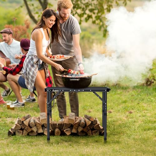 Aluminum Folding Camping Grill Table Adjustable Height Black D2717