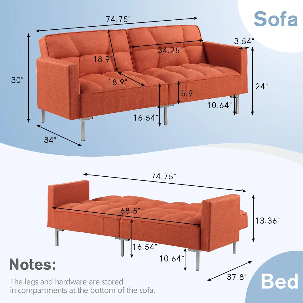 Orange Convertible Folding Futon Sofa Bed with 2 Pillows P5195