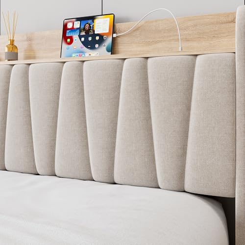 Beige Queen Size Upholstered Platform Bed Frame with Storage Headboard and Drawers M416