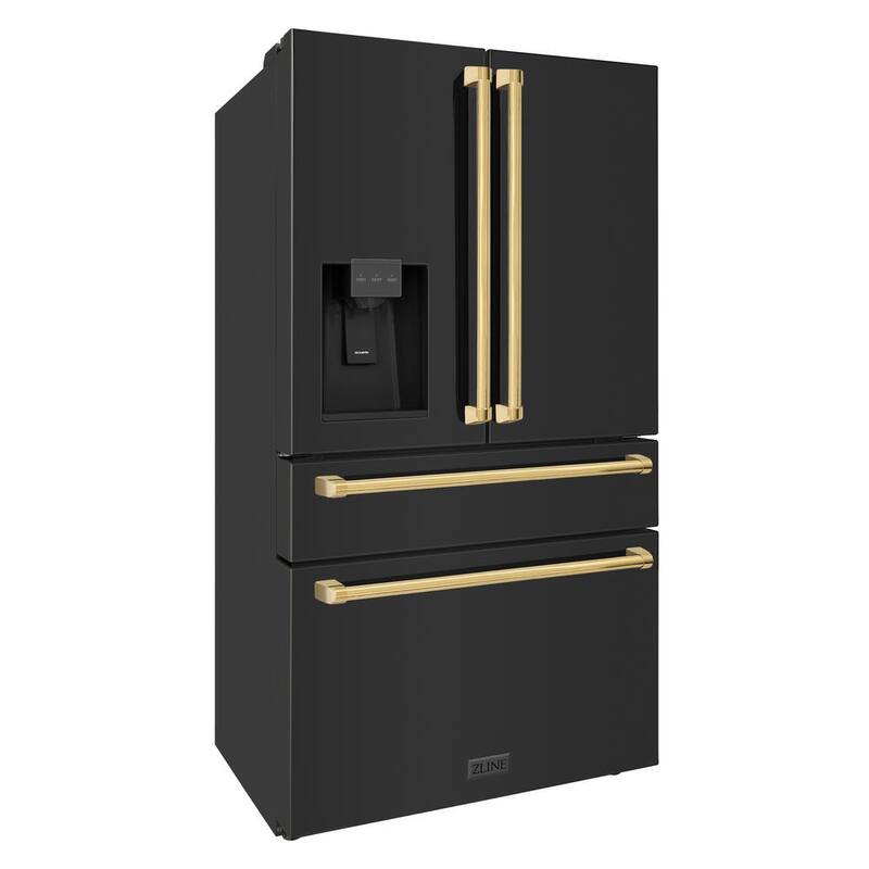 36 in. 4-Door French Door Refrigerator with Ice & Water Dispenser in Black Stainless & Polished Gold M673
