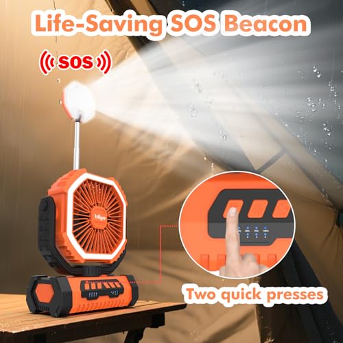 Camping Fan with Led Lantern, 20000mah Rechargeable Battery, 4 Speed with Remote, Auto Oscillation, 360° Rotation Hook, Orange X304
