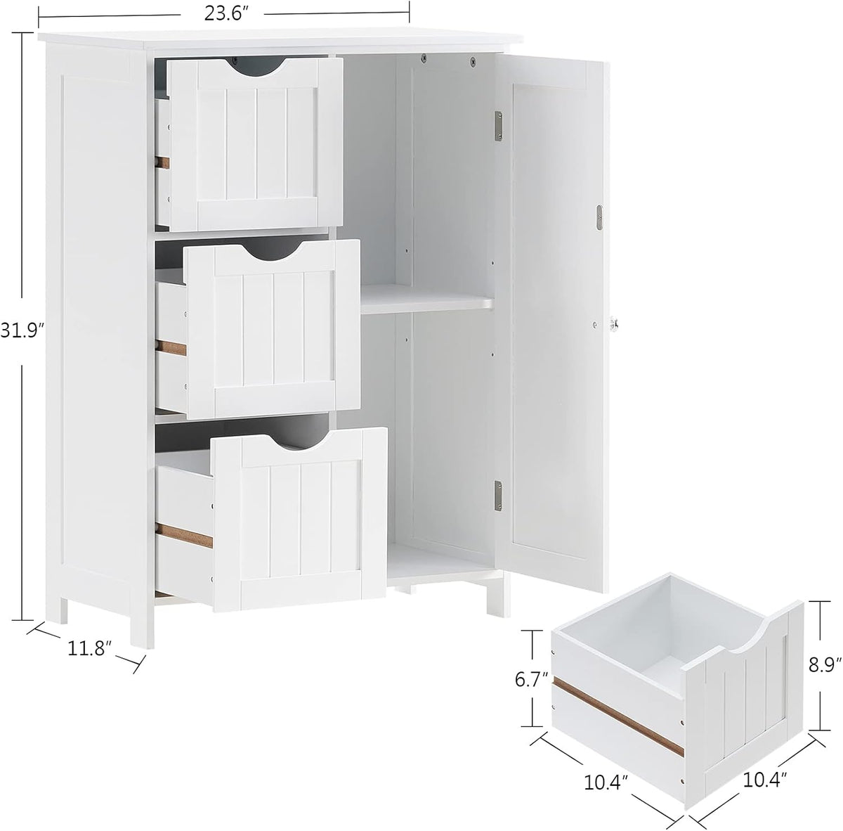 White Wooden Freestanding Bathroom Floor Cabinet with 1 Cupboard and 3 Drawers E4944