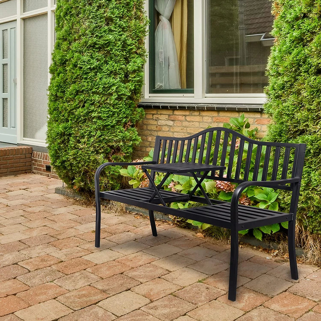 Black Outdoor Bench with Pullout Middle Table Q44424
