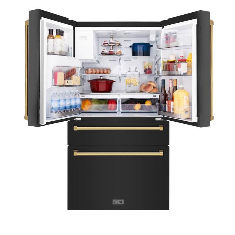 36 in. 4-Door French Door Refrigerator with Ice & Water Dispenser in Black Stainless & Polished Gold M673