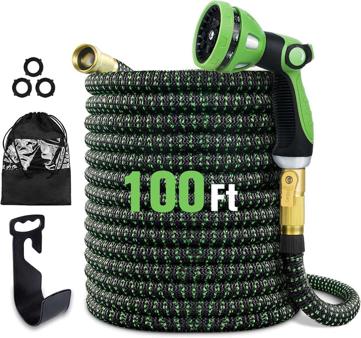 100 ft Expandable Garden Hose with 10 Function Sprayer, Solid Brass Fittings, Triple Latex Core, Pack of 2 X338041