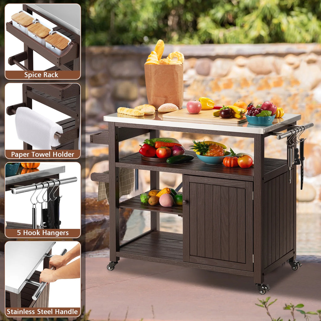 Solid Wood Outdoor Grill Table with Stainless Steel Top S35970
