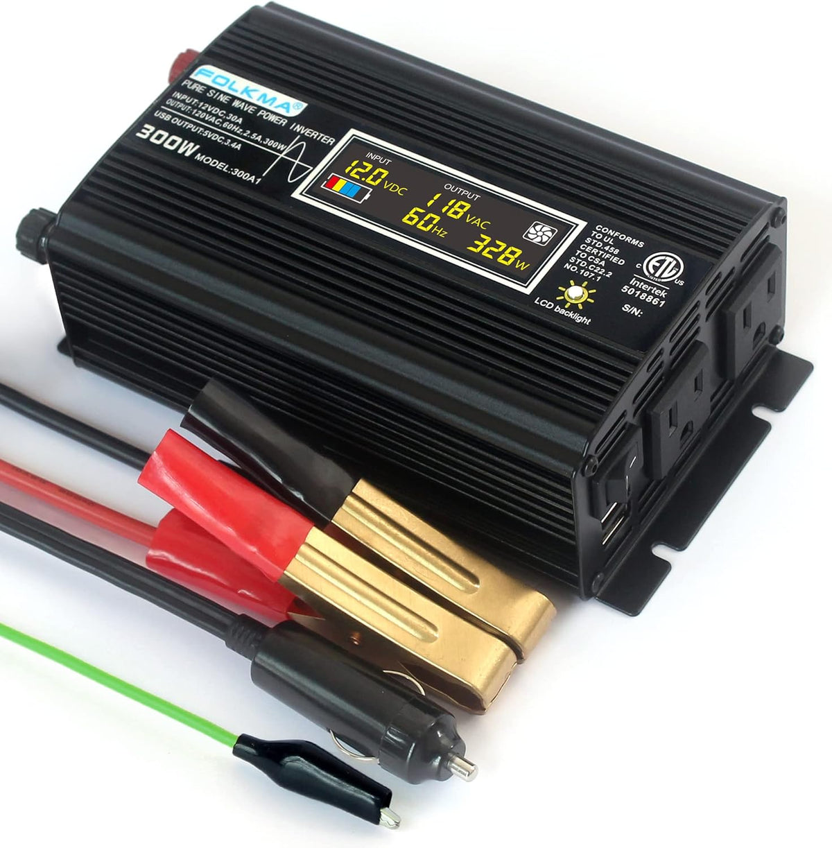 300W Pure Sine Wave Power Inverter with LCD Display DC 12V to 110V AC with USB Charger T5591