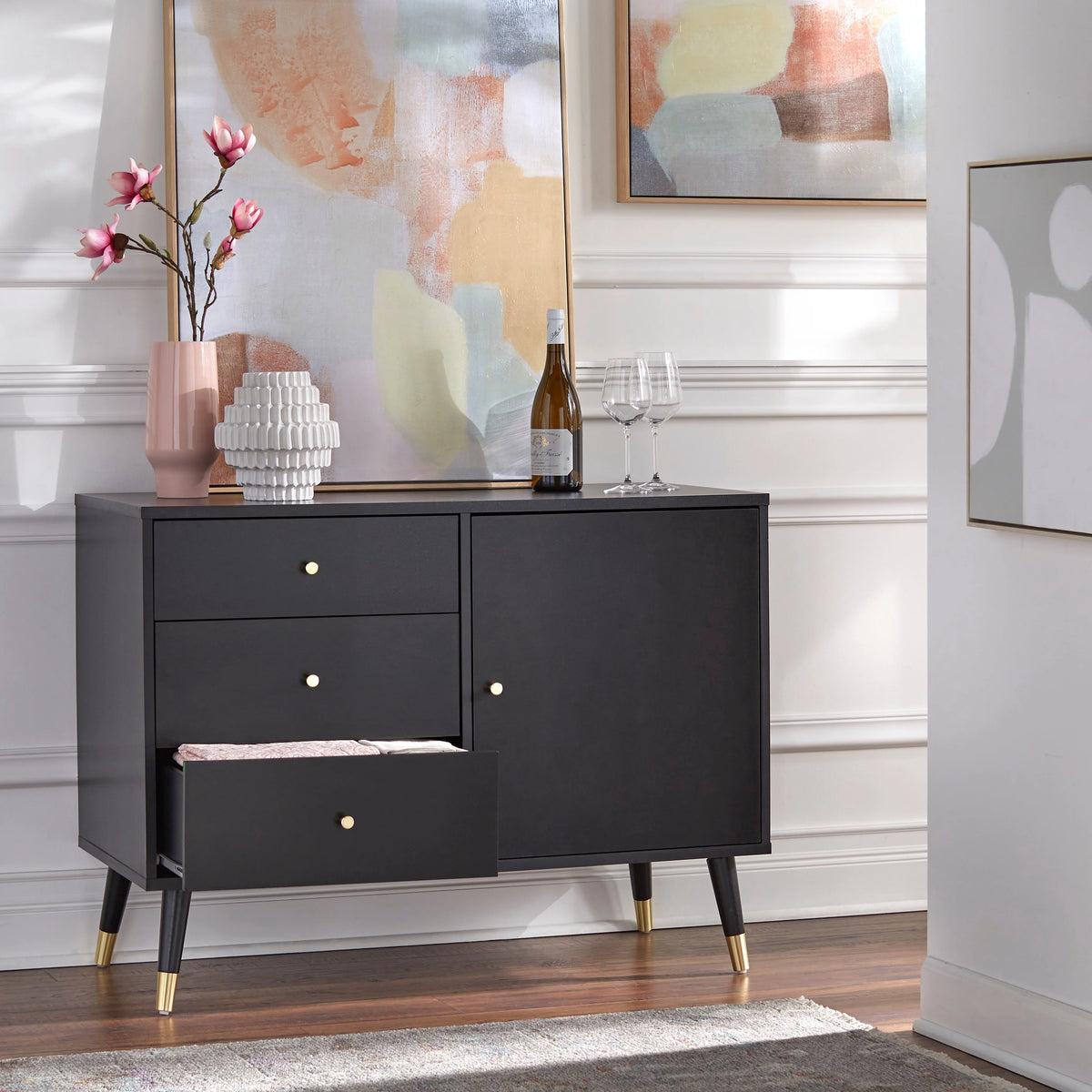 Black Mid Century Modern Dining Sideboard Buffet C3238
