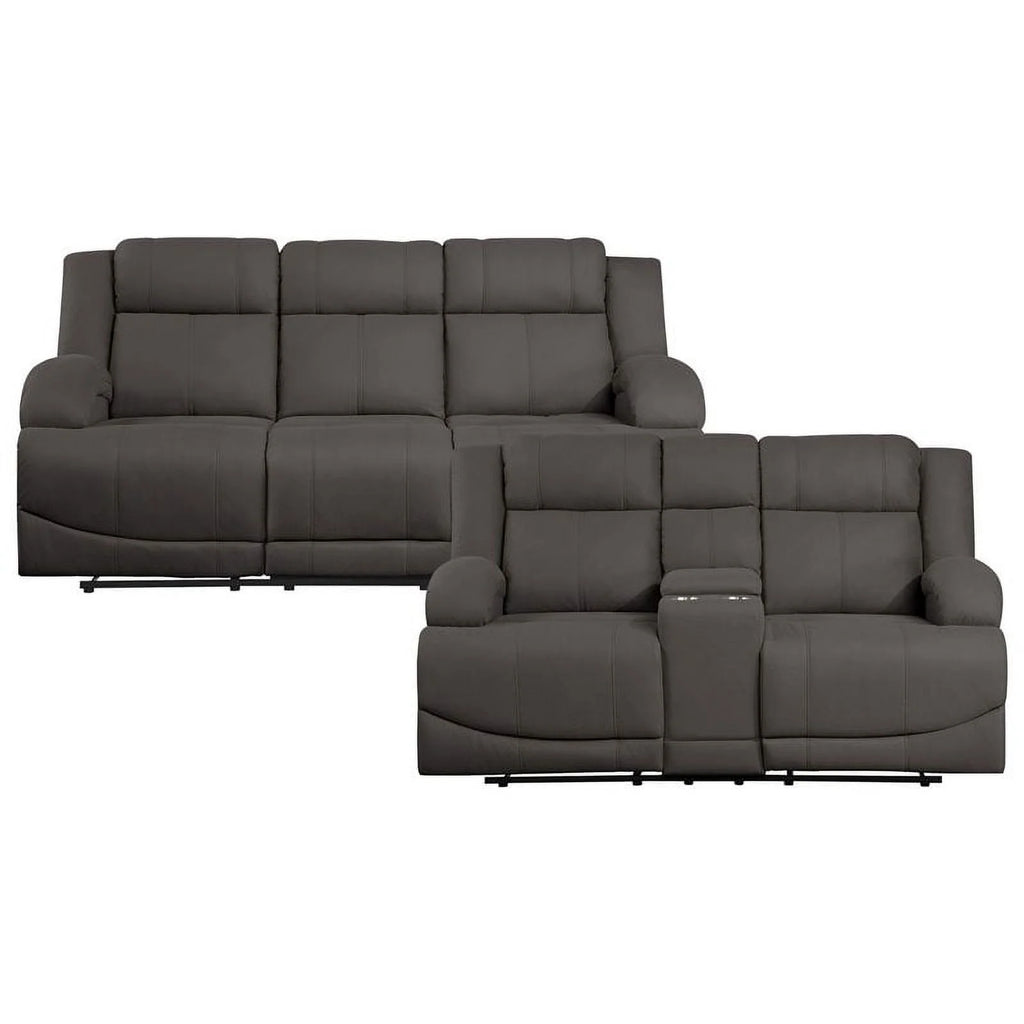 Chocolate Wood & Fabric Double Reclining Sofa B1104