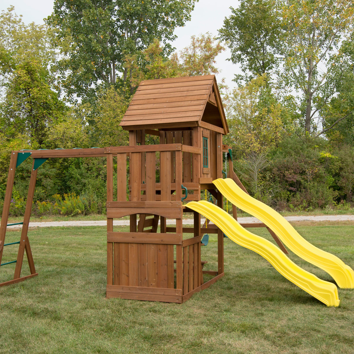 Wooden Backyard Swing Set with Two Yellow Wave Slides M172589