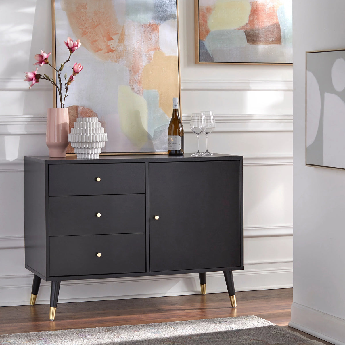 Black Mid Century Modern Dining Sideboard Buffet C3238