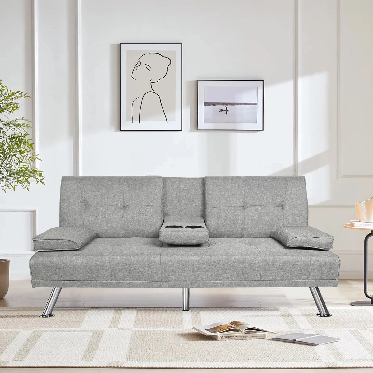 Dark Gray Linen Convertible Futon Sofa V7897