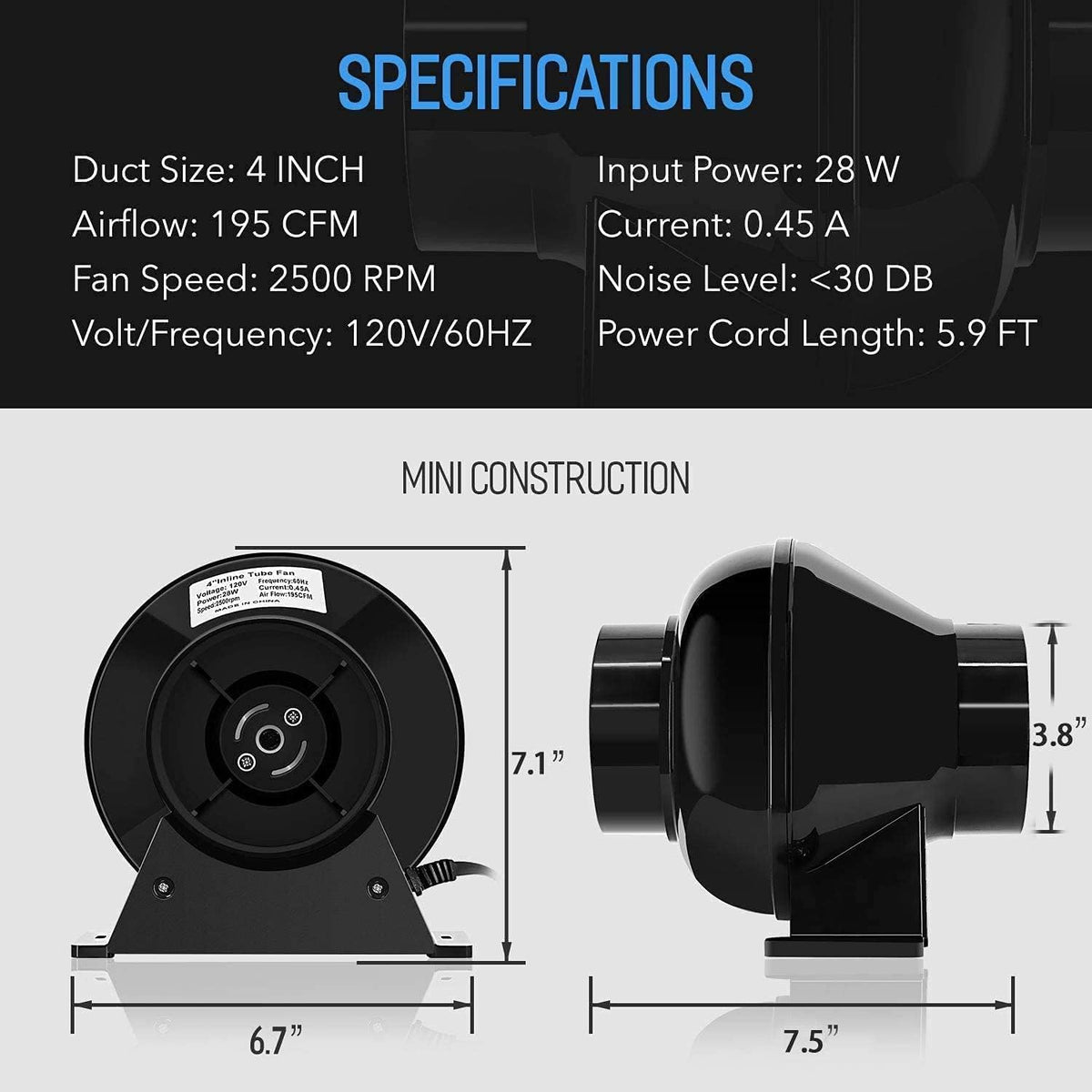 4 Inch 195 CFM Inline Fan Circulation Vent Blower with Carbon Filter, 8 Feet Ducting, 1-Pair Rope Combo, Pack of 2 H497